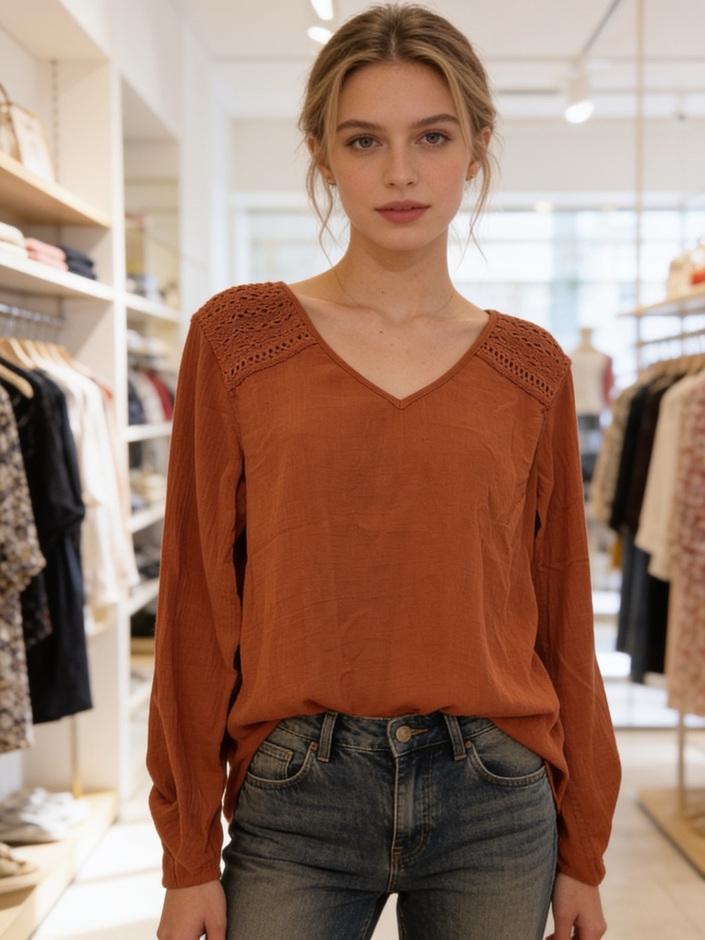Eddie Bauer Rust Cotton Crochet Shoulder V-Neck Blouse Medium